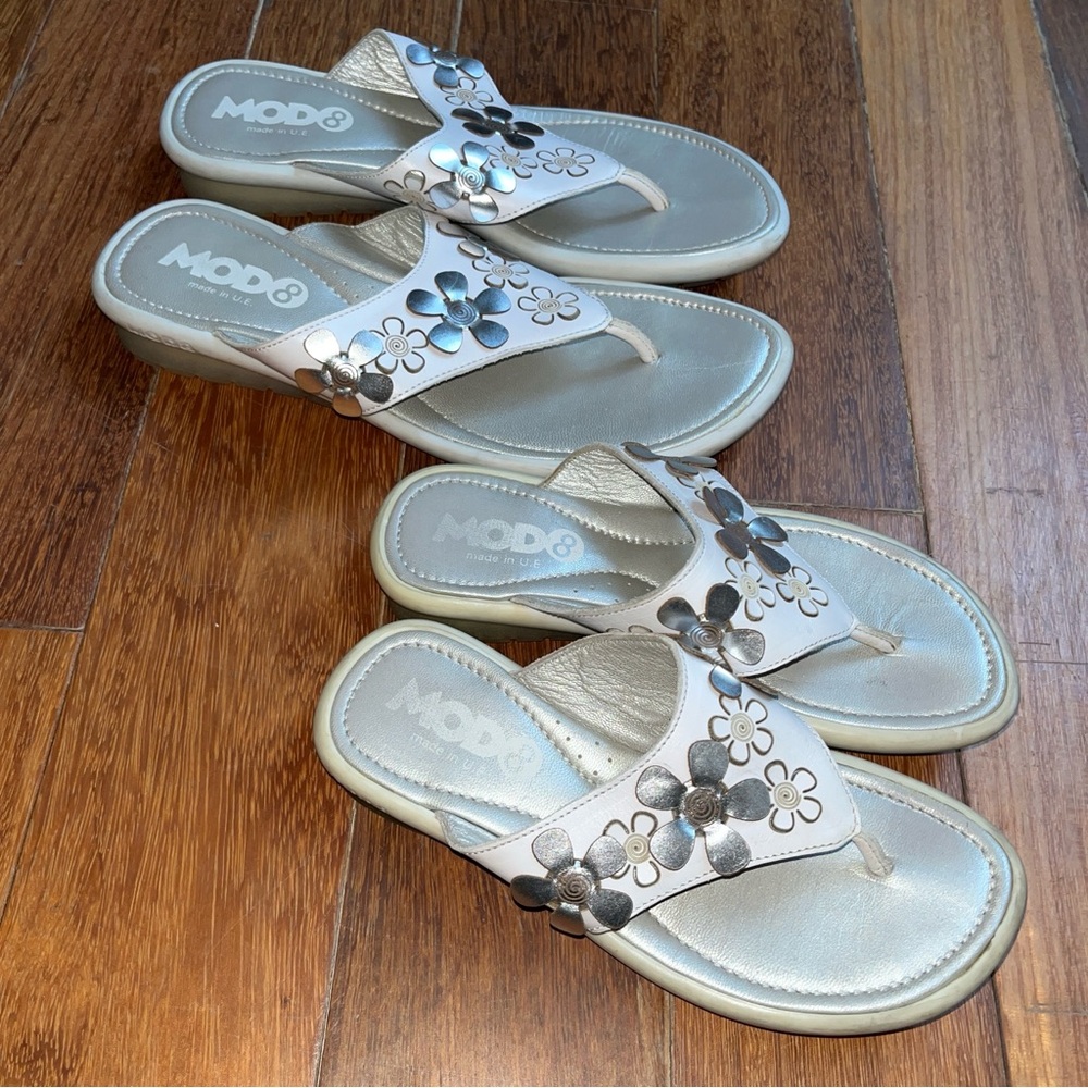 2prs MOD8 Floral White/Silver Leather Sandals Matching sz Women 7.5-8 & Girls 13
